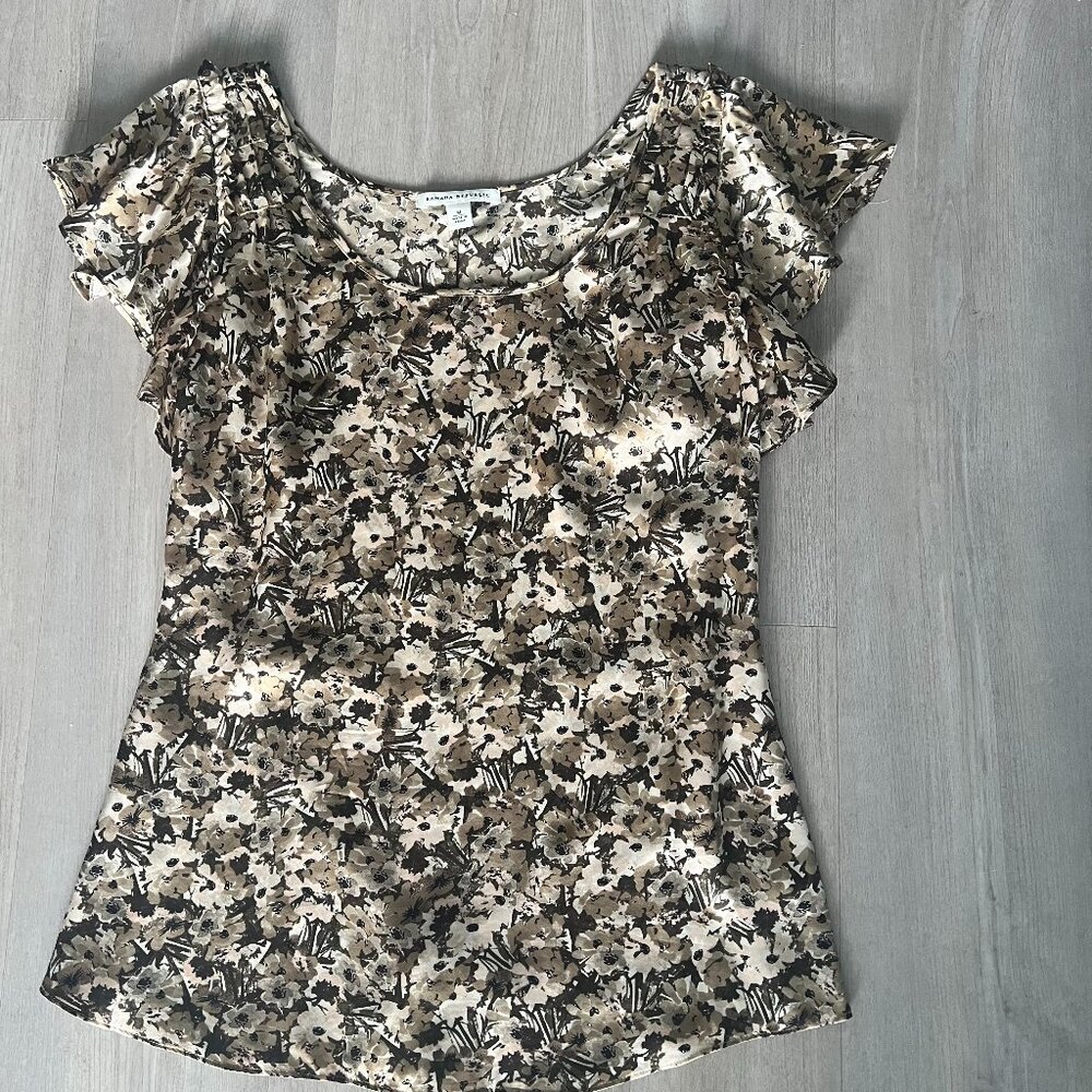 Banana Republic 100% Silk Blouse Womens Sz M Brown Floral Flutter Sleeve